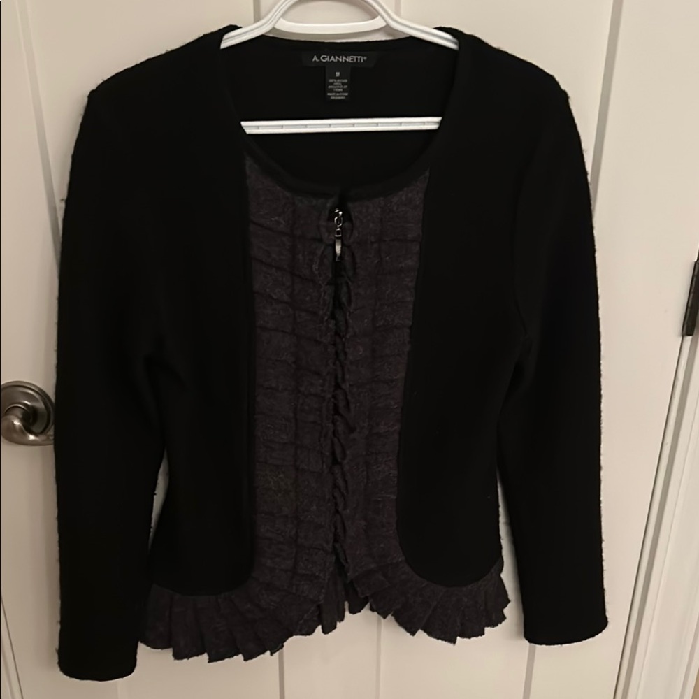 A. Giannetti Black & Grey Wool Ruffle front & bottom zip front Jacket, size M